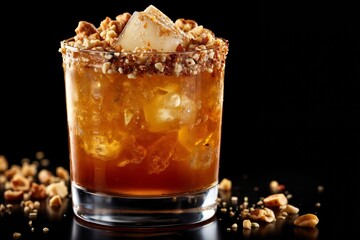 A glass filled with ice and nuts on top of a table