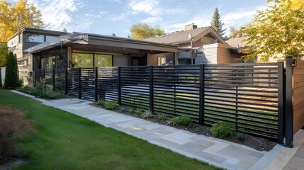 Obraz premium Elevate your outdoor space with a sleek aluminum fence showcasing modern lines and backyard charm