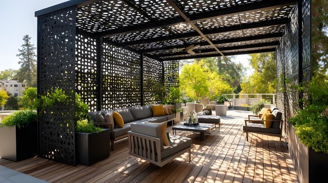 Enhance your outdoor space with a steel framed lattice pergola complemented by a teak deck