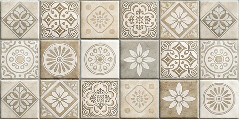 Decorative patterned tile arrangement with floral and geometric motifs for backgrounds and design elements