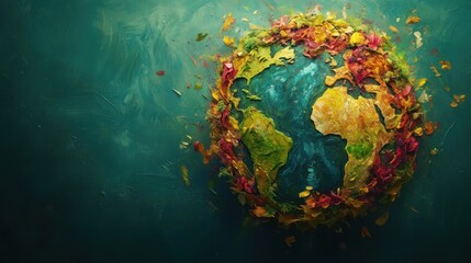 Painted earth encircled by autumn leaves vibrant global theme image