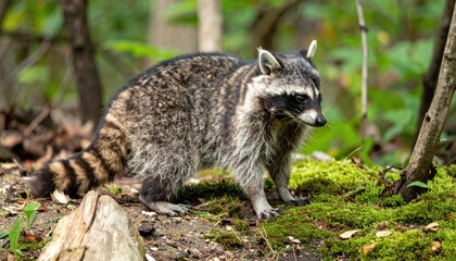 Fototapeta premium Raccoon in Forest: A North American raccoon with a distinctive black mask and ringed tail stands alertly amidst lush green moss and woodland foliage.