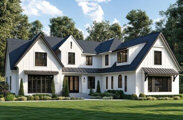Modern Farmhouse Style Home.  Spacious, elegant, and inviting, this white home features dark accents,  a large lot with manicured landscaping,  and a welcoming front porch