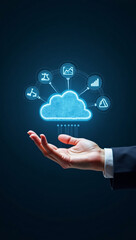 Obraz premium A person's hand holding a glowing cloud, showcasing digital technology and data storage