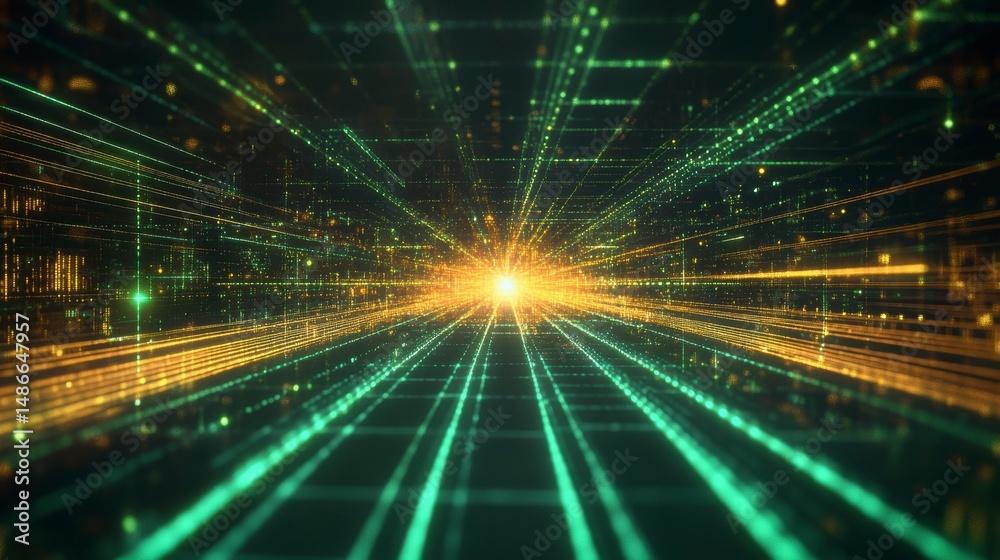 Poster Abstract digital tunnel with glowing lines and particles, representing data flow and connectivity.