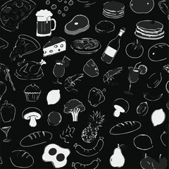Seamless pattern of outlined food and drink illustrations in gray shades on a black background. Includes pizza, beer, meat, fruit, and more.