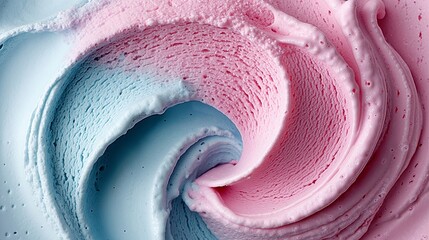 A close up of a pink and blue swirl of ice cream