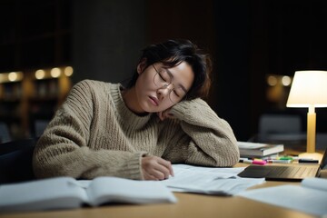 Exhausted student asleep at her desk. Overwhelmed by studies, she succumbs to sleep amidst books, laptop, and dim light in the library.