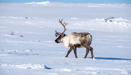 Arctic Majesty: A solitary reindeer traverses a vast, snow-covered expanse, its majestic antlers held high, a symbol of resilience and adaptation in the harsh Arctic wilderness.
