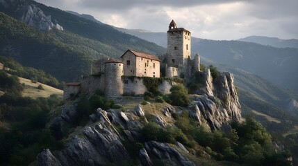 Naklejka premium Historic Medieval Castle Undergoing Preservation On Craggy Outcrop, Stone Restoration Efforts For Cultural Heritage Conservation