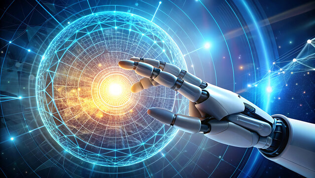 Futuristic robot hand interacting with a digital sphere representing artificial intelligence data - Powered by Adobe