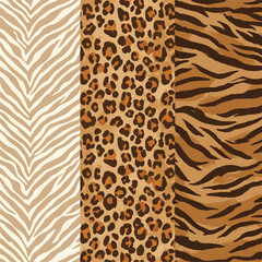 Collage of animal prints: zebra (beige stripes), leopard (brown spots), & tiger (dark brown stripes). Seamless patterns showcasing wildlife inspired textures.