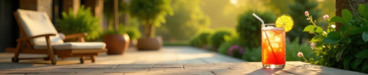 A serene scene of a sun-drenched patio with a refreshing iced drink and lush greenery, perfect for relaxation and unwinding , patio, mocktail