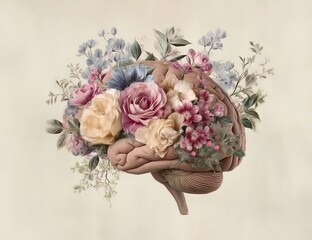 Vintage illustration of a brain made from flowers, with muted colors in the cottagecore style.