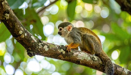 Obraz premium Squirrel Monkey perched on branch: This image shows a squirrel monkey gracefully perched on a branch in its natural habitat. The monkey's detailed features, combined with the lush background.