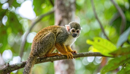 Obraz premium Curious Squirrel Monkey in Lush Jungle: A captivating image of a squirrel monkey, its alert gaze fixed as it perches gracefully upon a sturdy branch in a vibrant, verdant jungle