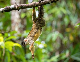 Fototapeta premium Squirrel Hanging Upside Down: Capture the moment of an arboreal squirrel suspended upside down from a tree branch, showcasing nature's agility. The scene exudes the squirrel's playfulness.