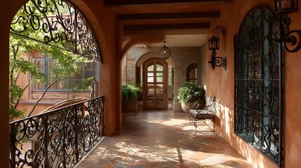 Fototapeta premium Relax on a Veranda Featuring Wrought Iron Wall Accents, Terracotta Tiles and Lush Potted Plants