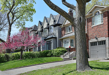 Suburban street with row of traditional detached two story houses.