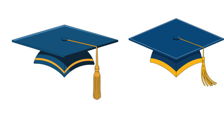 Two Blue Graduation Caps with Gold Accents