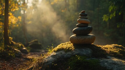 Obraz premium Balanced stones in misty forest sunlight nature photography