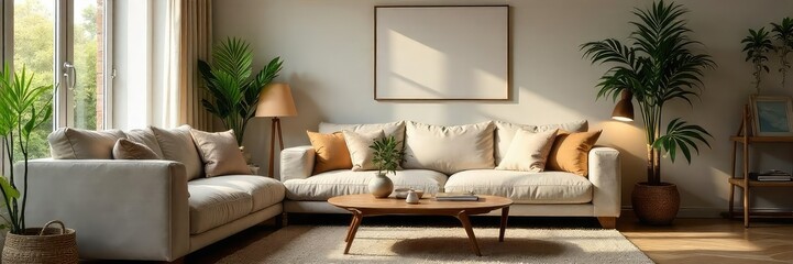 Cozy living room interior with comfortable sofa, throw pillows, and stylish coffee table, decorated with plants and warm lighting, creating a relaxed atmosphere , home styling, sofa, furniture