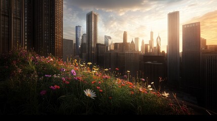 Obraz premium Colorful rooftop garden overlooks a cityscape at sunset.
