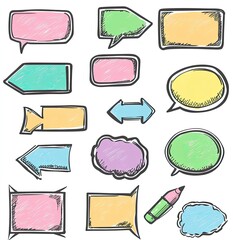Collection of hand-drawn colorful speech bubbles and arrows.  Various shapes, including rectangles, ovals, and clouds, are filled with pastel shades