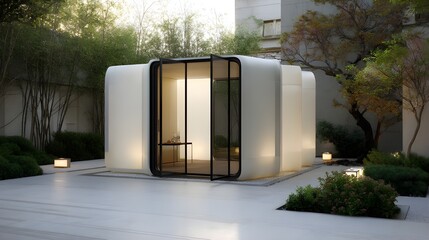 Minimalist alabaster yoga studio pod offers tranquil, light-filled sanctuary optimized for mindful stretching and meditation