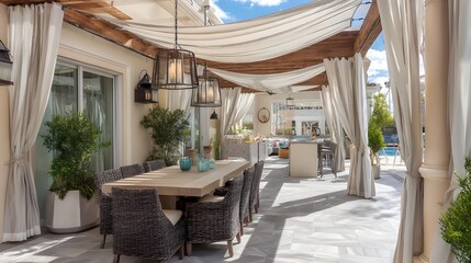 Fototapeta premium Enhance Outdoor Living with a Terrace Canopy Featuring Canvas Side Panels and Durable Porch Decking