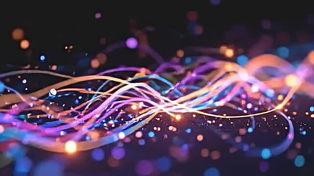 an enchanting array of multicolored light threads glimmering against a black void, effervescent particles aligned in a neat sequence, luminous auras surrounding them