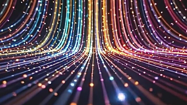 an enchanting array of multicolored light threads glimmering against a black void, effervescent particles aligned in a neat sequence, luminous auras surrounding them