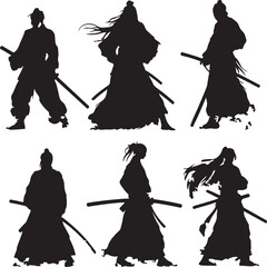 Obraz premium Silhouette Samurai Warriors with Swords in Various Poses