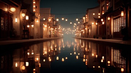 Serene waterscape of ancient chinese city illuminated by glowing lanterns