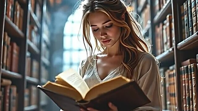 unrecognizable woman with flowing hair, gracefully turning the pages of an ancient book, surrounded by towering wooden shelves filled with leather bound volumes