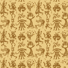 Seamless pattern featuring stylized human figures and abstract shapes in brown tones, reminiscent of ancient art or tribal designs. Textured background.