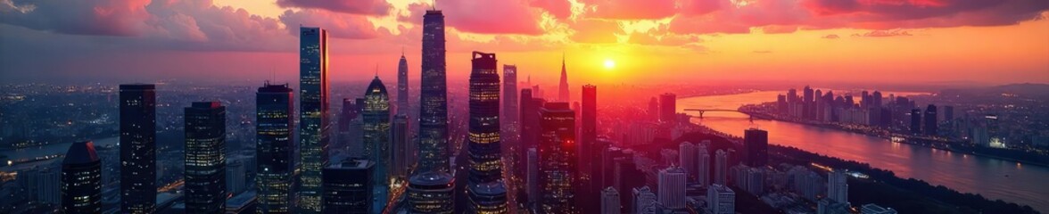 Fototapeta premium Sleek modern skyscrapers dominate the cityscape at sunset, reflecting the vibrant energy of a bustling financial district Perfect for corporate, finance, and city backgrounds , corporate, wealth
