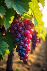 Fototapeta premium Sun-drenched bunches of ripe grapes hanging heavy on a mature grapevine, ready for harvest Autumnal colors and lush foliage surround the bountiful harvest , autumn colors, winery, delicious