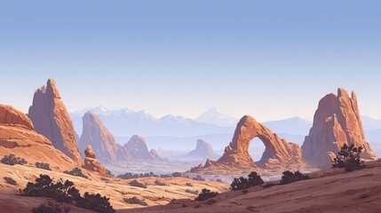 Desert landscape with rock formations and sparse vegetation under a clear blue sky.