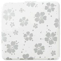 Square tile with rounded edges featuring a pattern of gray flowers and small gray dots on a white background. Simple, floral design.