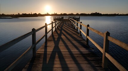 Obraz premium Capture Jetty Silhouettes At Sunset Casting Long Shadows Over Calm Waters For Golden Photography Effects