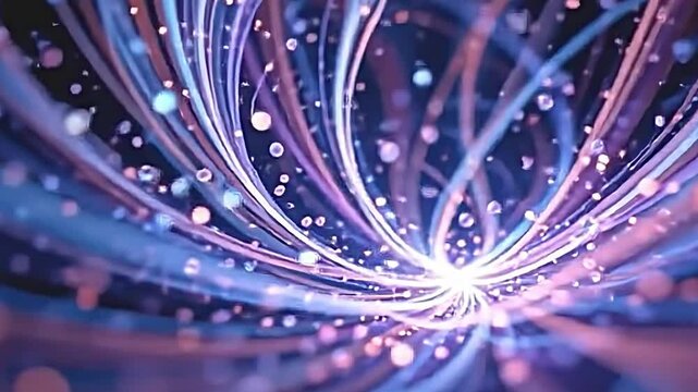abstract blue and purple particles swirling through optical fibers, glowing softly with luminous edges, creating a dynamic and ethereal atmosphere, intricate details and depth, high resolution