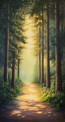 Obraz premium Sunlight path through a dense forest