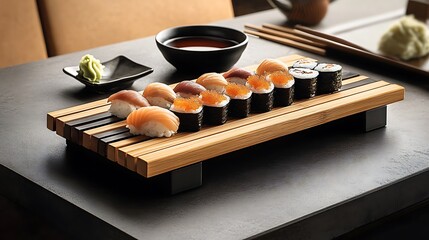 Assorted Sushi on a Wooden Tray with Soy Sauce and Wasabi