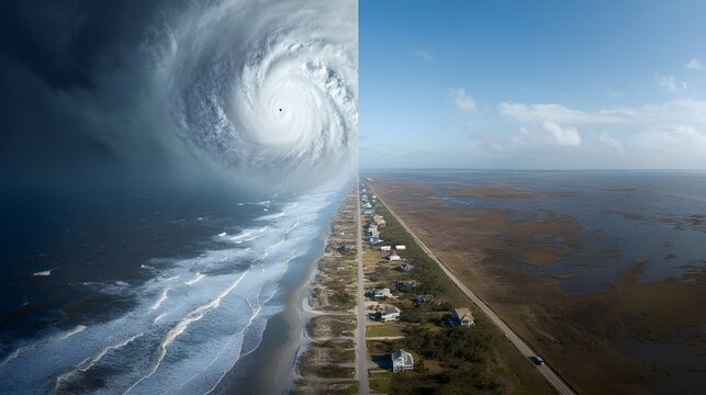 Comparison split-screen showing identical coastal landscapes highlighting environmental changes over time for impactful storytelling visuals