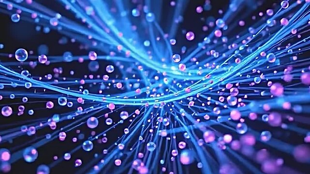 surreal abstract visualization of blue and purple particles within optical fibers, merging and diverging amidst a backdrop of soft light, creating a feeling of movement and rhythm