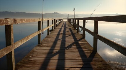 Obraz premium Morning jetty fishing rod setting offers serene angling spot with sunrise reflections over calm sea