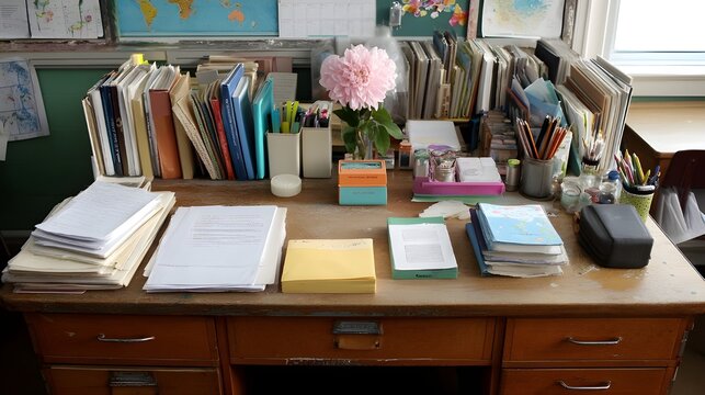 Teacher desk neatly organized with papers books stationery and digital tools fostering productive educational environment