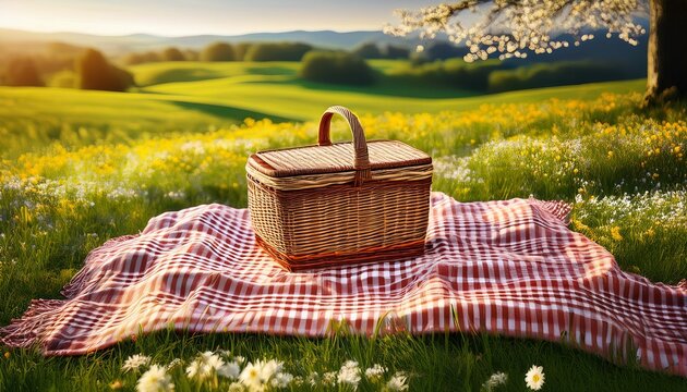 checkered picnic duvet with empty basket on the blossoming meadow
