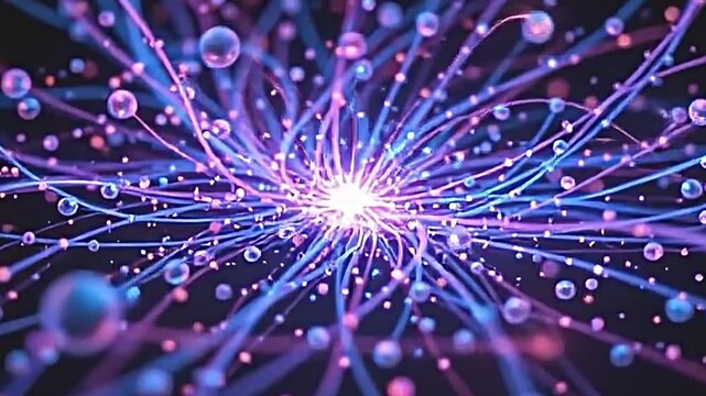 captivating abstract display of luminous blue and purple particles, entangled within streamlined optical fibers, creating intricate designs and shapes, a sense of harmony in chaos, high resolution